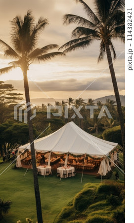 Wedding tent for a summer wedding celebration outdoors in a tropical country, a tent among palm trees in the evening light 114382421