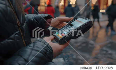 Close-up of a hand holding a card reader in a bustling city street. Contactless payment technology in use. Everyday financial transaction captured. AI 114382489