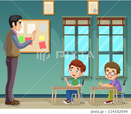 Cartoon students studying with teacher in classroom Cartoon students studying with teacher in classroom 114382694