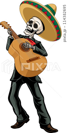 Cheerful Mexican Skeleton Musician With Guitar illustration Cheerful Mexican Skeleton Musician With Guitar illustration 114382695