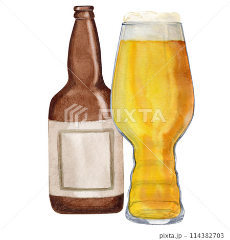 Hand-drawn watercolor illustration bottle of beer with shaped glass of beer, beer festival, international beer day	 114382703