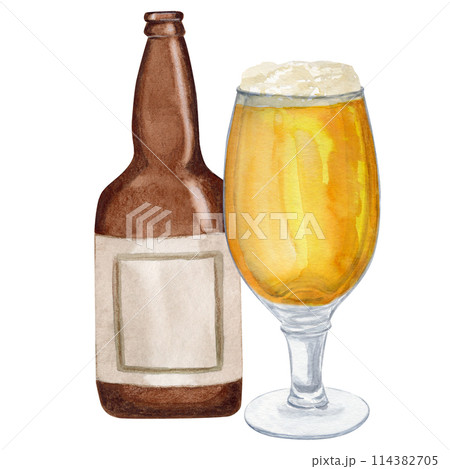 Hand-drawn watercolor illustration bottle of beer with shaped glass of beer, beer festival, international beer day Hand-drawn watercolor illustration bottle of beer with shaped glass of beer, beer festival, international beer day 114382705