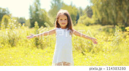 Happy little girl child walking in sunny summer park 114383280