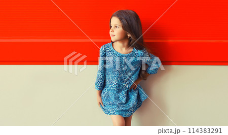 Beautiful little girl child looking away in blue dress on red background 114383291