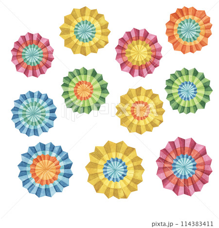 Bright colored set of fiesta flowers. Hand drawn isolated watercolor cliparts, Mexican paper fans for Cinco de Mayo decoration. Celebration designs for packaging, printing, cards, posters, invitation 114383411