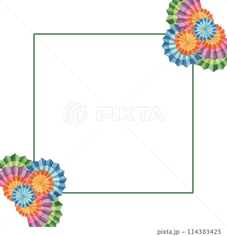 Multicolored fiesta flowers. Hand drawn isolated watercolor clipart, Mexican paper fans for Cinco de Mayo. Celebration template design for packaging, printing, cards, festivities, invitation 114383425