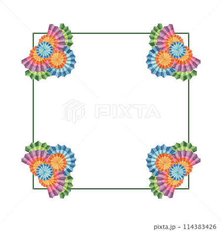 Multicolored fiesta flowers. Hand drawn isolated watercolor clipart, Mexican paper fans for Cinco de Mayo. Celebration template design for packaging, printing, cards, festivities, invitation 114383426