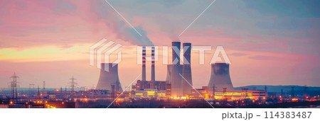 View from afar of a nuclear power plant, operating nuclear reactors against the backdrop of nature, peaceful atom, banner 114383487