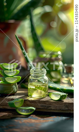 Cosmetic essence from the Aloe Vera plant, bottles with essence next to Aloe Vera leaves 114383490