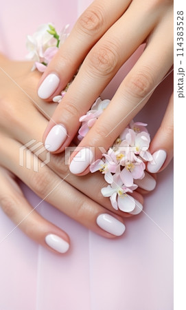 Wedding nail design of the bride, beautiful hands of the bride with well-groomed manicure 114383528