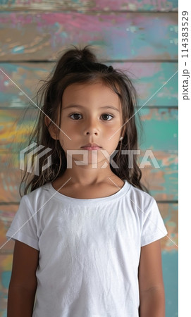 Hispanic child girl 4-6 years old in a white T-shirt without a pattern against the background of a colored wall Hispanic child girl 4-6 years old in a white T-shirt without a pattern against the background of a colored wall 114383529