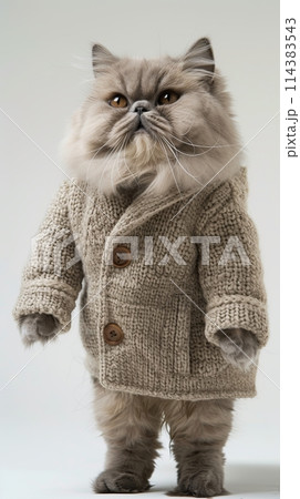 Cute kind funny cat in a suit stands on his hind legs isolated on a white background 114383543