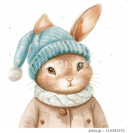 Illustration of a cute funny rabbit hare in a scarf in winter isolated on a light background, children's illustration for a postcard Illustration of a cute funny rabbit hare in a scarf in winter isolated on a light background, children's illustration for a postcard 114383555