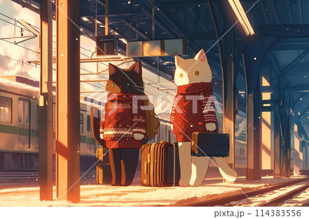 Illustration of Cute kind funny cats in winter clothes and hats at the railway station with suitcases, illustration for a children's book 114383556