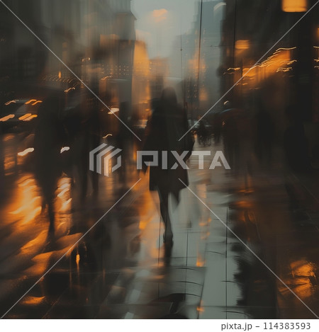 Blurred shop windows from the street in rainy weather, shopping concept in a supermarket Blurred shop windows from the street in rainy weather, shopping concept in a supermarket 114383593
