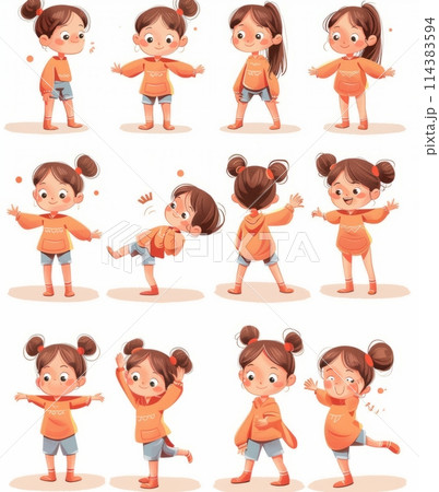 Character illustration of a young girl in different poses on a white background Character illustration of a young girl in different poses on a white background 114383594