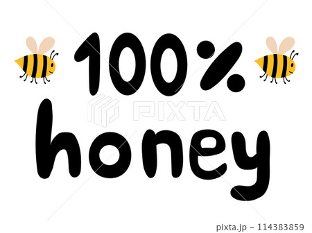 Lettering for beekeeping industry. 100 percents Honey. Funny bumblebee. Vector illustration. 114383859