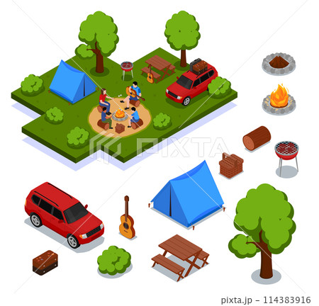 Isometric picnic barbeque icon illustrations with family having lunch in a park and camping elements Isometric picnic barbeque icon illustrations with family having lunch in a park and camping elements 114383916