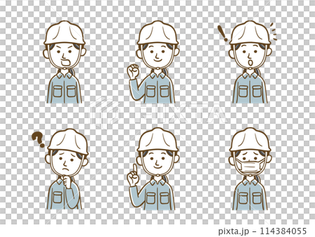 作業服を着た若い女性の表情セット（線画） 114384055