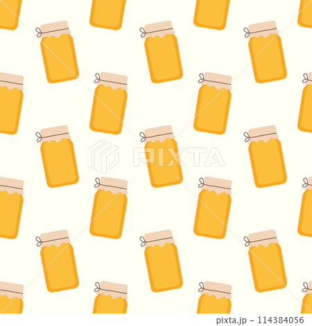 Seamless pattern with honey jar. Vector illustration for honey design, beekeeper branding, background, wrapping paper, fabric textile. 114384056
