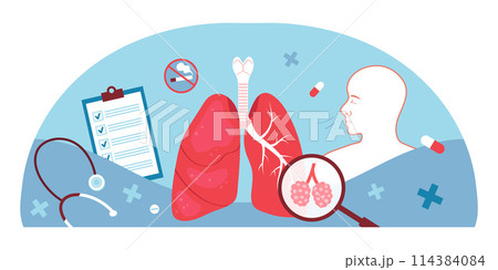 Hand drawn flat human body composition background with lungs and medical elements 114384084