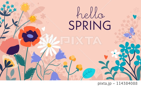 Hand drawn flat spring composition background with colorful blooming flowers 114384088
