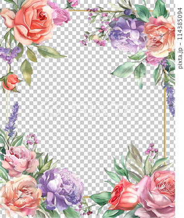 Elegant floral border with watercolor roses, peonies, and lavender in pastel hues, framed by gold for luxurious wedding invitations on a white background. Elegant floral border with watercolor roses, peonies, and lavender in pastel hues, framed by gold for luxurious wedding invitations on a white background. 114385094