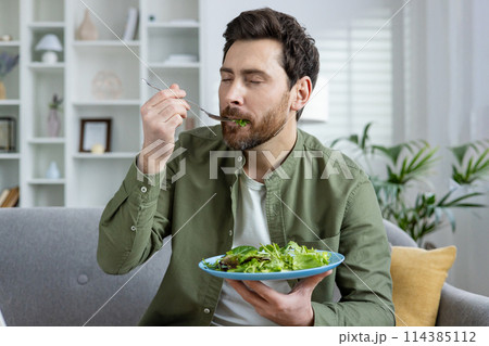 A bearded man eating a healthy green salad at home, seated comfortably in a stylishly furnished living room surrounded by plants and natural light. A bearded man eating a healthy green salad at home, seated comfortably in a stylishly furnished living room surrounded by plants and natural light. 114385112