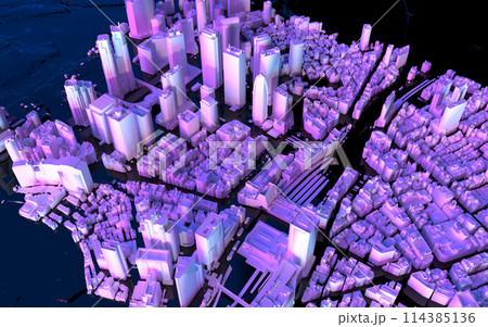 幻想的な光に照らされた俯瞰で見る新宿ビル街の3Dイラストレーション 幻想的な光に照らされた俯瞰で見る新宿ビル街の3Dイラストレーション 114385136