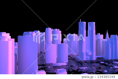 幻想的な光に照らされた俯瞰で見る新宿ビル街の3Dイラストレーション 114385144