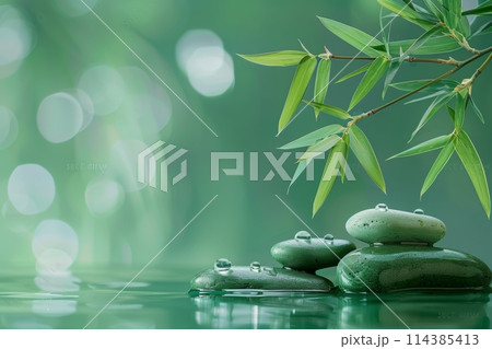 Serenity with bamboo leaves and arranged zen stones on a mirrored surface 114385413