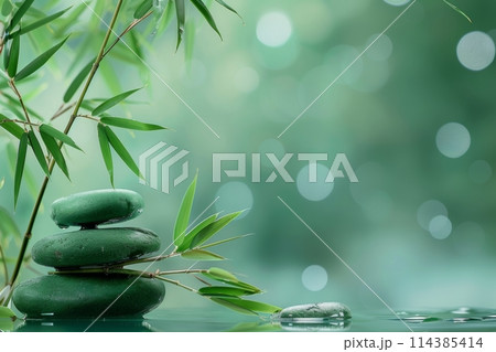 Serenity in nature, bamboo leaves and balanced stones on reflective water with a soft bokeh background 114385414