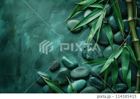 Serenely arranged bamboo stalks and smooth stones on a textured green backdrop 114385415