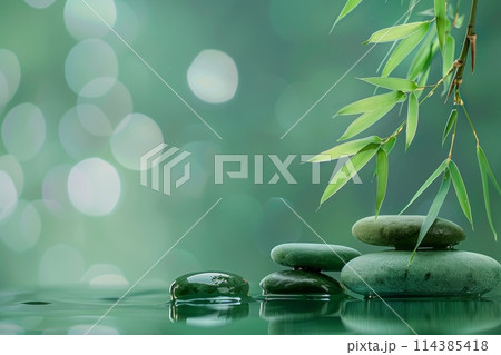 Soothing bamboo leaves and smooth stones on calm water with a gentle green bokeh effect 114385418