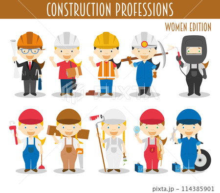 Vector Set of Construction Professions in cartoon style. Women Edition. 114385901