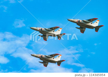 編隊飛行する航空自衛隊の練習機T-4 114385954