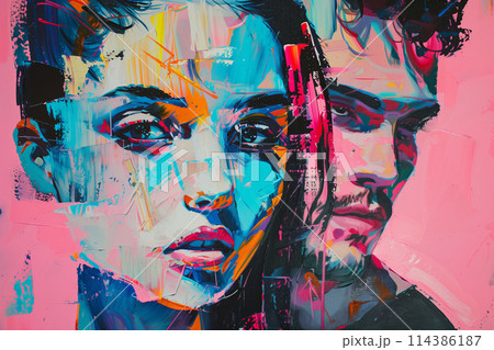 Abstract creative painting of beautiful couple, woman and man on pink background, modern art 114386187