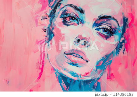 Abstract creative painting of beautiful young woman on pink background, modern art 114386188