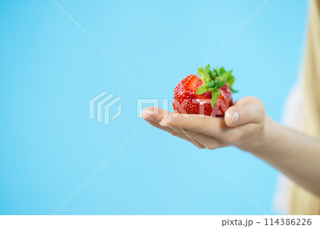 Fresh red strawberry on palm 114386226