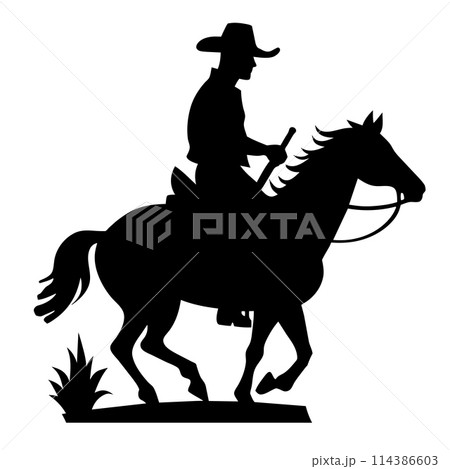 Cowboy on horse silhouette vector illustration isolated on white background. Cowboy on horse silhouette vector illustration isolated on white background. 114386603