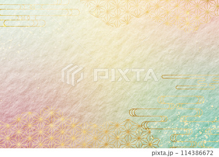 夏　和柄　お中元 水色・青・金・高級感・雲　和紙の背景 114386672