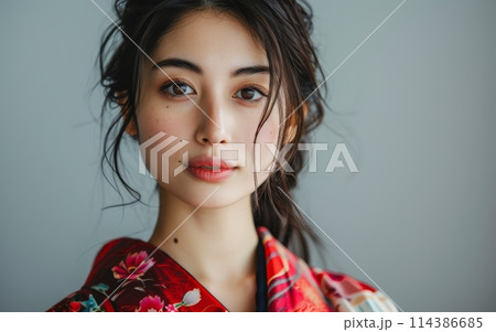 Young woman with a soft look, wearing a colorful floral kimono. 114386685
