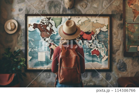 A traveler in a straw hat is engrossed in studying a colorful wall map, contemplating her next destination. The map invites a sense of wonder and exploration. 114386766