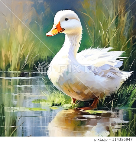 White goose cute animal oil painting. Funny birds on nature background. White goose cute animal oil painting. Funny birds on nature background. 114386947