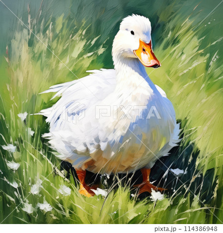 White goose cute animal oil painting. Funny birds on nature background. 114386948