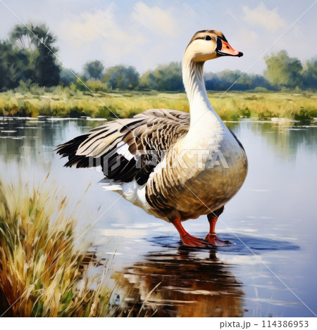 White goose cute animal oil painting. Funny birds on nature background. 114386953
