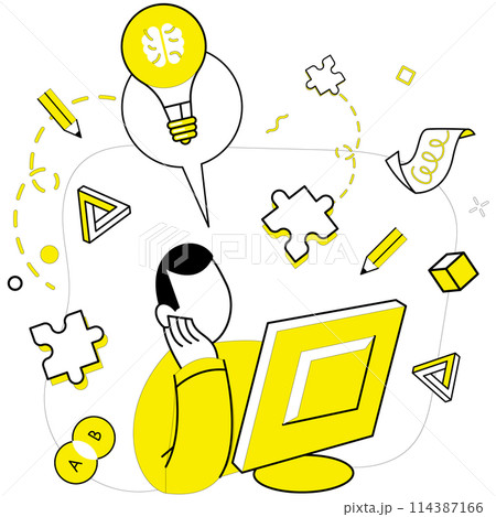 Creative solutions vector illustration. The creative solutions metaphor paints portrait business success and innovation Contemplation ignites spark brainstorming, giving birth to inventive ideas 114387166