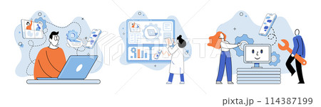 Online communication. Vector illustration. Virtual meetings enable efficient and productive collaborations across time zones Online interviews streamline hiring process and expand talent pools 114387199