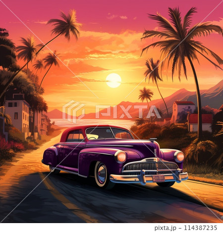 Vintage car driving down a scenic coastal road during a vibrant sunset 114387235