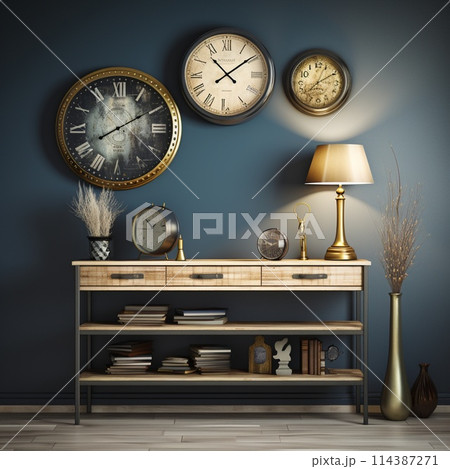 Collection of Vintage Clocks on Wooden Shelf in Cozy Vintage-Themed Interior 114387271